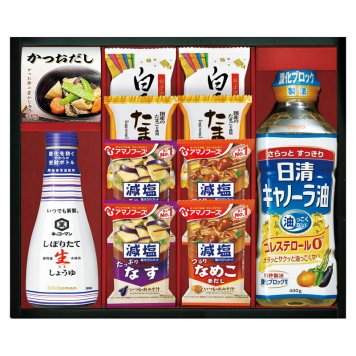 夏の贈り物お中元 千寿和膳日清オイリオ･キッコーマン･アマノフーズ詰合せ 白子のり味のり（8切5枚）･アマノフーズ減塩いつものおみそ汁（なす）（9g）･アマノフーズ減塩いつものおみそ汁（なめこ）（8g）･たまごスープ（6.4g）×各2、日清キャノーラ油ペット（400g）･