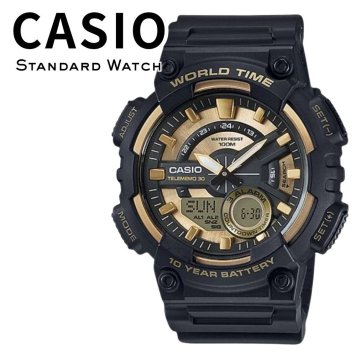 箱なし カシオ 腕時計 メンズ CASIO アナデジ ブラック ゴールド 10年電池 100m防水 大きめ スポーツ アウトドア 海外モデル 逆輸入 ワールドタイム テレメモ ストップウォッチ タイマー アラーム 誕生日 プレゼント ギフト 成人 卒業 入学