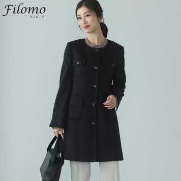 カシミヤ 100% コート ノーカラー 着丈85cm レディース Filomo 入学式 入園式 卒入学 ブラック 黒 9号 11号 13号 大きいサイズ 冠婚葬祭 カシミヤコート カシミヤ100% フォーマル 卒業式 卒園式 ギフト プレゼント 6F (02000077r)