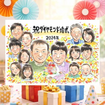 結婚60周年のお祝いに、意外に喜ばれる手描き似顔絵のプレゼント。 結婚記念日 ギフト 似顔絵 プレゼント 手描き 贈り物 名入れ 結婚60周年 記念 ダイヤモンド婚式 お祝い 大人数 ご夫婦 ご両親 家族 祖父 修正無料 下書き確認 名入れ サプライズ 実績多数 そっくり 一生もの 60周年 ダイヤモンド婚式 感謝 一生もの 宝物 メモリアルギフト 米寿祝い 贈答品 カラフル 同窓会 初任給