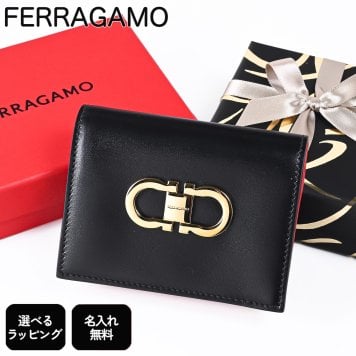 【名入れ無料】【スペシャルラッピング付き】フェラガモ Salvatore Ferragamo サルヴァトーレフェラガモ 二つ折り財布 小銭入れ付き ウォレット ダブル・ガンチーニ レディース ブラック レッド 220627 770769 001 0770769 折財布