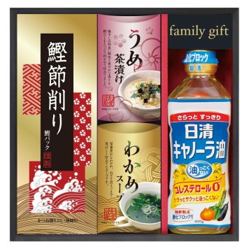実りの秋の贈り物 日清オイリオ食卓詰合せ セット内容/日清キャノーラ油（400g）･わかめスープ（5.3g×2袋）･うめ茶漬け（4.3g×2袋）･鰹節削り（2g×4袋）×各1