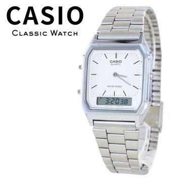 箱なし カシオ 腕時計 メンズ レディース CASIO ホワイト 白 シルバー アナデジ メタル 海外モデル 逆輸入 スクエア レトロ 薄型 デュアルタイム ストップウォッチ アラーム 仕事 通学 誕生日 プレゼント ギフト 成人 卒業 入学