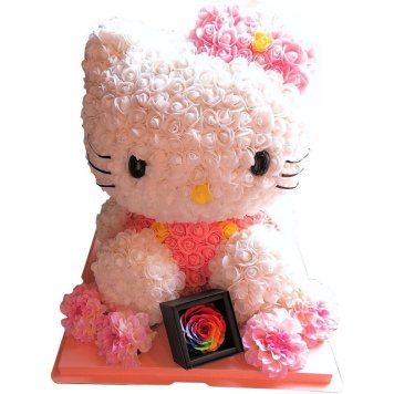 プロポーズ 彼女 キティ ミニローズ 花束風ギフト ダイヤモンド レインボーローズ プリザーブドフラワー入りギフト ケース付き　