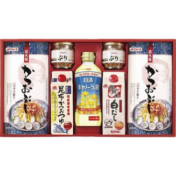 冬の贈り物ご挨拶  バラエティギフト マルトモ 北海道産ぶりほぐし（50g）・直火焼ソフトパック（2.5g×7袋）×各2、昆布かつおつゆ・白だし（各500ml）・日清キャノーラ油（350g）×各1