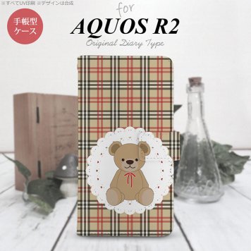 SH-03K/SHV42/706SH AQUOS R2 手帳型スマホケース カバー くま チェック レース 茶 赤  nk-004s-r2-dr754