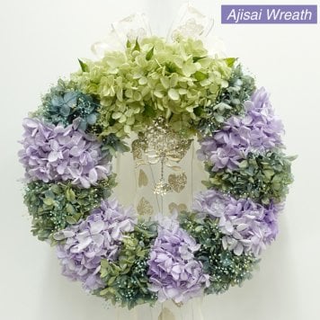 【最後の1点】紫陽花ヒーリングリース プリザーブドフラワー 優しい時を重ねて 優しく深い呼吸 穏やかな想いに包まれて お祝い　新居 ギフト 引っ越し