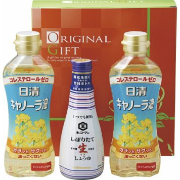 冬の贈り物ご挨拶  カンフォータブル 日清キャノーラ油（350g）×2、キッコーマンしぼりたて生しょうゆ（200ml）×1