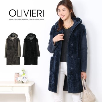 OLIVIERI/オリヴィエリ シェアード ムートン ロング コート ダブルフェイス フード付き イタリア製/レディース 毛皮 ファー ロングコート アウター 秋 冬 ギフト プレゼント 7F (01000692r)