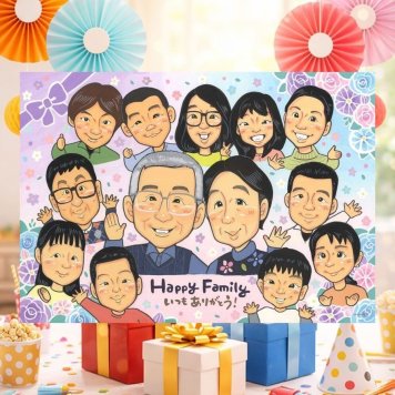 誕生日の記念に、特別なお祝いに、特別な笑顔を贈れます。 プレゼント 家族 似顔絵 贈り物 ギフト 名入れ 手描き 誕生日 記念 記念日 お祝い 家族 大人数 祖母 両親 家族 ご両親 祖父 名入れ 修正無料 下書き確認 かわいい 親孝行 サプライズ 実績多数 一生もの 家族 宝物 イラスト 傘寿祝い おすすめ ウェディングギフト 感謝 初任給 喜寿祝い おしゃれ 二次会 披露宴 贈答品 色紙