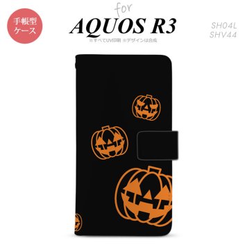 SH-04L/SHV44 AQUOS R3 手帳型スマホケース カバー ハロウィン カボチャスタンプ 黒  nk-004s-r3-dr404