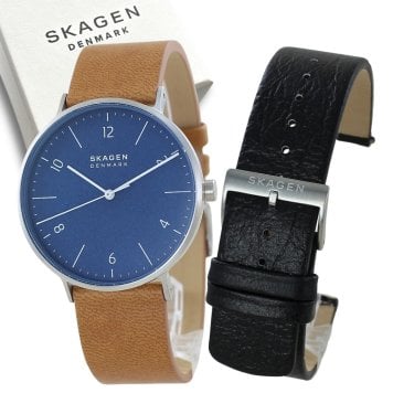 スカーゲン SKAGEN メンズ腕時計 替えベルト付き ネイビー ブラウン ブラック レザーベルト 北欧 シンプル プレゼント ギフト 成人 卒業 入学