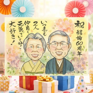 結婚60周年のプレゼントに、ずっと飾っていたくなる似顔絵です。 ダイヤモンド婚式 プレゼント 似顔絵 手描き 名入れ 贈り物 ギフト 結婚60周年 ダイヤモンド婚式 記念 お祝い ご両親 祖父 家族 ご夫婦 修正無料 下書き確認 名入れ 実績多数 一生もの 喜ばれる そっくり ダイヤモンド婚式 一生もの 60周年 宝物 感謝 オリジナル 引っ越し 米寿祝い クリスマス お祝いの品 感謝の品