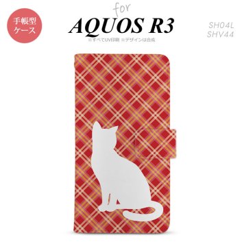 SH-04L/SHV44 AQUOS R3 手帳型スマホケース カバー 猫 バイアスチェック 赤  nk-004s-r3-dr951