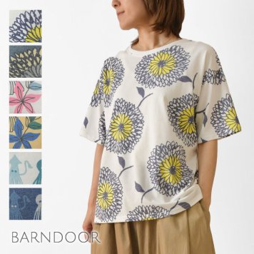 【SALE 20%OFF】【BARNDOOR バーンドア】20天竺 衿リブ プリント Tシャツ (1191189G)レディース 春 夏 カットソー 半袖 北欧 5分袖 薄手 涼しい ストレッチ 花柄 フラワー 総柄 大人可愛い ナチュラル 服 新作 ナチュランド 人気 30代 40代 50代 60代