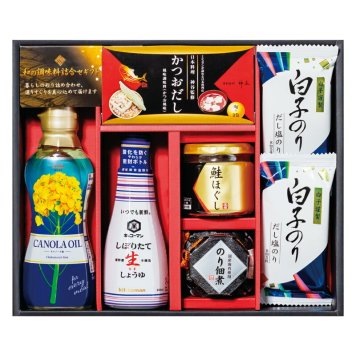 実りの秋の贈り物 和の調味料詰合せ セット内容/白子だし塩のり（8切5枚）×2、鮭ほぐし（50g）･のり佃煮（80g）･かつおだし（4g×8袋）･キッコーマン しぼりたて生?油（200ml）･昭和 キャノーラ油（300g）×各1