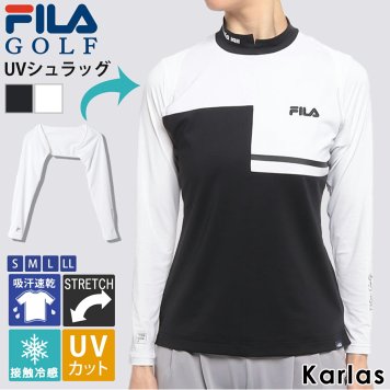 FILA GOLF フィラゴルフ アームカバー レディース ゴルフウェア 長袖 シュラッグ UVカット 冷感 接触冷感 ストレッチ 吸汗速乾 腕カバー スポーツブランド ロゴ メッシュ アンダーウェア 紫外線対策 日焼け対策 黒 白 2024ss karlas