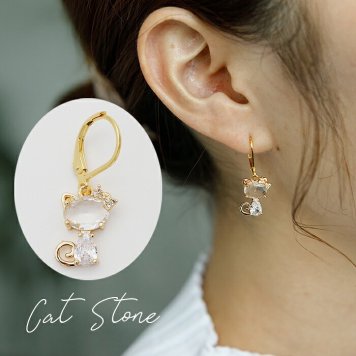 ピアス 金属アレルギー サージカルステンレス フック 落ちない 引っかからない 外れにくい フック 猫×ラインストーン ピアス カラビナ シンプル かわいい