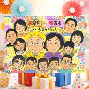 誕生日の記念に、家族の幸せな瞬間を似顔絵に残しませんか。 プレゼント 似顔絵 古希 ギフト 名入れ 贈り物 手描き 誕生日 記念日 長寿 お祝い 敬老の日 大人数 家族 ご両親 祖父母 名入れ 修正無料 下書き確認 宝物 そっくり 似てる 親孝行 70歳 古希祝い 傘寿 宝物 お祝い返し サプライズ 感動 引っ越し 快気祝い 二次会 お祝いの品 オーダーメイド オリジナル 節目 白寿祝い 傘寿祝い