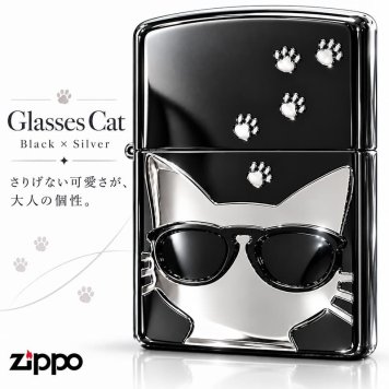 ZIPPO ねこ ライター サングラス 足跡 ジッポ 猫 かわいい ユニーク ブラックニッケル 銀差し キャット メタル貼り ネコ 女性 シルバー 黒 レディース ギフト メンズ プレゼント