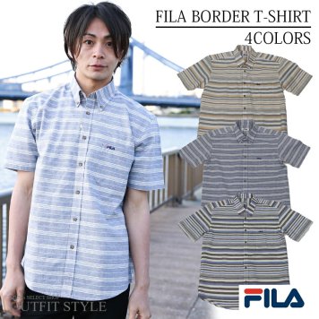 FILA フィラ メンズ 夏 ボタンダウンシャツ 半袖 麻混 シャツ ゆったり ブランド 定番 カジュアル ボーダー outfit ギフト 敬老の日 プレゼント ギフト