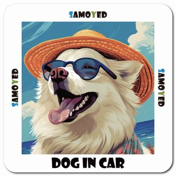 名入れ可 海 麦わら帽子 サングラス 夏 Samoyed サモエド カーサイン 車 マグネットステッカー 犬 マグネット 強力 13x13cm 正方形ドラレコステッカー 安全対策 危険運転 煽り運転 アニマル 動物 犬種別 屋外 防水 屋内