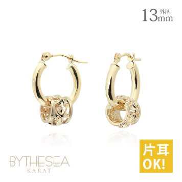 ハワイアンジュエリー フープピアス ピアス イエローゴールド ピアス 外径13mm クロッシングピアス プルメリア 透かし バレル 樽 小ぶり ゴールド 揺れる 片耳(1個)購入可 K14イエローゴールド 20G ゲージ BY THE SEA バイザシー プレゼント ハロウィン 【品番：GE211】