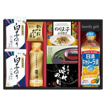 実りの秋の贈り物 日清オイリオ&白子のり食卓詰合せ セット内容/白子だし塩のり（8切5枚）×2、マルトモかつおだしの素（4g×4袋）･のり玉子ふりかけ（4.5g×2袋）･有明海産味付のり（8切6枚×2袋）･伊賀越天然醸造しょうゆ（200ml）･日清キャノーラ油（400g）