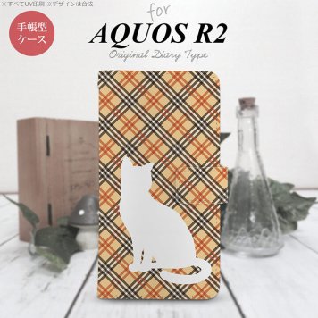 SH-03K/SHV42/706SH AQUOS R2 手帳型スマホケース カバー 猫 バイアスチェック 赤茶  nk-004s-r2-dr953