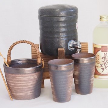 国産美濃焼 天正黒釉焼酎サーバー1200cc木代付セット(13.5×15.5cm 1.6キロ)11