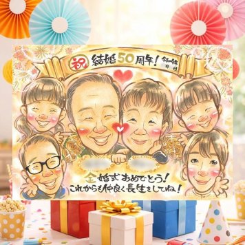 金婚式のギフトに、大切な思い出を似顔絵で残しませんか。相談しながら作れる、あたたかな似顔絵ギフトです。 ギフト 金婚式 似顔絵 名入れ 手描き 贈り物 プレゼント 金婚式 結婚記念日 銀婚式 大人数 家族 夫婦 祖母 おじいちゃん おばあちゃん 下書き確認 修正無料 名入れ 実績多数 喜ばれる そっくり 親孝行 感謝 長寿 50周年 結婚記念日 親孝行 イラスト ホワイトデー 古希祝い 引っ越し