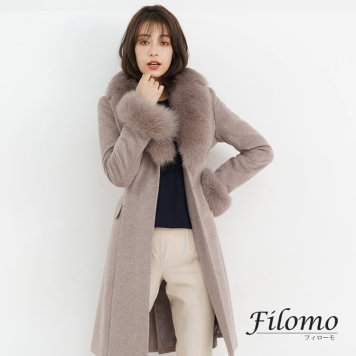 Filomo カシミヤ ブレンド ロング コート ウール フォックス ファー トリミング 100cm レディース モカ/グレー/ブラック 9号/11号/13号 秋 冬 ファー付き ベルト付き ギフト (02000197r) クリスマス 母の日 女性 バレンタイン 成人祝い