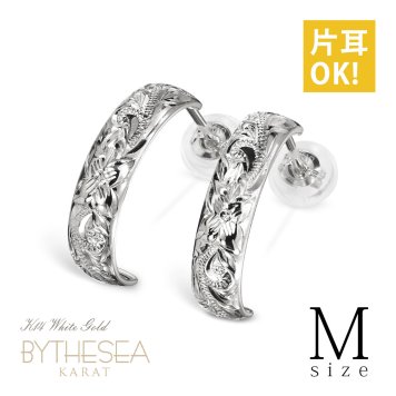 ハワイアンジュエリー フープピアス ピアス ホワイトゴールド Mサイズ 半円 三日月 ハーフムーン 片耳(1個)購入可 K14 14K シリコンキャッチ シンプル 20G ゲージ BY THE SEA バイザシー メンズ レディース 誕生日 プレゼント ハロウィン 【品番：GE103-15W】