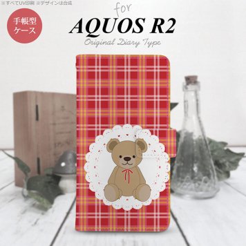 SH-03K/SHV42/706SH AQUOS R2 手帳型スマホケース カバー くま チェック レース 赤  nk-004s-r2-dr755