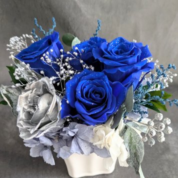 プリザーブドフラワー幸福の青い薔薇とシルバーのローズの魔法の枯れないお花【リボンラッピング付き】
