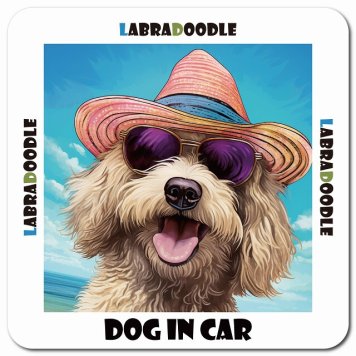 名入れ可 海 麦わら帽子 サングラス 夏 Labradoodle ラブラドゥードル カーサイン 車 マグネットステッカー 犬 マグネット 強力 13x13cm 正方形ドラレコステッカー 安全対策 危険運転 煽り運転 アニマル 動物 犬種別 屋外 防水 屋内