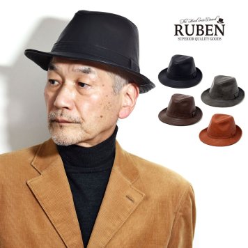 レザー ハット フェイクレザー 中折れハット エコレザー 中折れ帽子 革 メンズ ルーベン 紳士 帽子 普段使い フォーマル ヴィンテージ 全4色 ブラック ブラウン グレー キャメル プレゼント 男性 誕生日 ギフト ラッピング