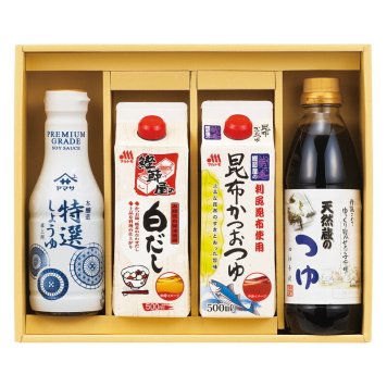 実りの秋の贈り物 上品な旨味調味料詰合せ セット内容/ヤマサ卓上特選しょうゆ（360ml）･伊賀越天然蔵のつゆ･マルトモ鰹節屋の白だし･マルトモ昆布かつおつゆ（各500ml）×各1