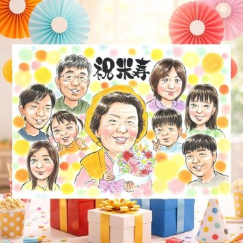誕生日の記念に、家族の幸せな瞬間を似顔絵に残しませんか。 プレゼント 似顔絵 米寿祝い 名入れ ギフト 手描き 贈り物 誕生日 記念日 長寿 お祝い 大人数 ご両親 孫 祖父母 下書き確認 修正無料 名入れ サプライズ そっくり 一生もの 似てる 米寿祝い 傘寿 宝物 88歳 大量注文 古希祝い 快気祝い カラフル 感激 結婚祝い ブライダルギフト 二次会 メモリアルギフト ホワイトデー 披露宴