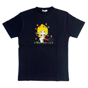 水森亜土 水やり柄 コットン半袖Tシャツ(L) ネイビー アパレル