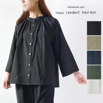 【nous rendent heureux ヌーランドオロー】バンドカラー 袖口 ダブル 九分袖 ギャザー ブラウス(821044)レディース 秋 冬 ロールアップ 長袖 コットン 服 オフィス ゆったり 体型カバー ナチュラル ナチュラン 30代 40代 50代 母の日