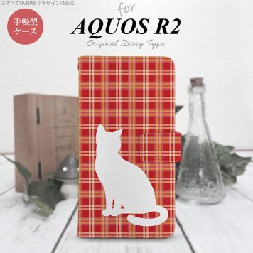 SH-03K/SHV42/706SH AQUOS R2 手帳型スマホケース カバー 猫 チェック 赤  nk-004s-r2-dr952