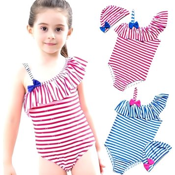 キッズ 水着 女の子 ワンピース ストライプ フリル カラー: レッド／ブルー 身長: 100cm／110cm 子供用 こども ジュニア 女児 かわいい おしゃれ 保育園 幼稚園 小学生 海 プール 水遊び 夏休み レジャー スイムウェア 夏 初夏の準備