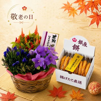敬老の日2026 数量限定 秋の3種寄せカゴ＆選べるお菓子セット KR6-0002-01・03   お誕生日 感の気持ちをカタチに  秋にぴったりな花かごと銀座餅、セレブコレクションバームクーヘンのどちらか選べるお菓子のセット