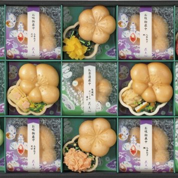 冬の贈物お歳暮お茶漬・お吸物最中詰合せ 京洛・辻が花 お茶漬（賀茂なすしば漬け）・お吸物（九条ねぎ（ゆば・鯛））×各3、お茶漬（聖護院だいこん漬け・梅）×各2、お茶漬（紅鮭・鯛）×各1