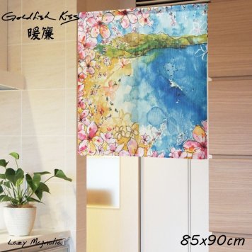 暖簾 のれん おしゃれ 短い 壁掛け タペストリー 目隠し アート 洗面所 脱衣所 脱衣室 かわいい ハワイアン 柄 突っ張り棒 模様替え 間仕切り ハワイ  プレゼント ギフト ビーチ ゴールドフィッシュキス 90×85cm