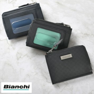 Bianchi パスケース付きL字ファスナー財布 carbonio メンズおしゃれ/薄い/スリム/ミニ財布/