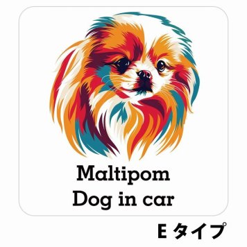 Dog in car Maltipom ポメマル Eタイプ サインステッカー シール 正方形 13x13cm 防水 屋内 屋外 セーフティサイン 安全対策 車用 安全運転 煽り運転対策 安全対策 カラフル ポップアート風 アニメ風 かわいい イラスト カーサイン