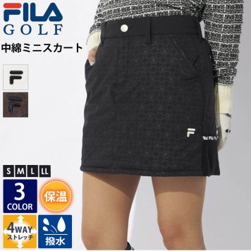 FILAGOLF フィラゴルフ ゴルフウェア 中綿スカート レディース 裾ニット 撥水加工 防水 4WAYストレッチ 伸縮性 スポーツブランド 秋 冬 ロゴ 刺繍 総柄 ウエストリブ ミニ丈 ミニスカ Dカン付 おしゃれ きれいめ 細見え 脚長効果 黒 白 2024fw