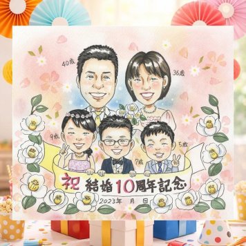 結婚10周年のお祝いに、似ていて、やさしく、飾りたくなる一枚。 結婚10周年 贈り物 似顔絵 プレゼント ギフト 手描き 名入れ 結婚10周年 記念 周年記念 お祝い 大人数 ご両親 家族 夫婦 修正無料 名入れ 下書き確認 実績多数 似てる そっくり サプライズ 宝物 感謝 一生もの 10周年 記念日 古希祝い 色紙 披露宴 ブライダルギフト オーダーメイド バレンタインデー 百寿祝い 大量注文